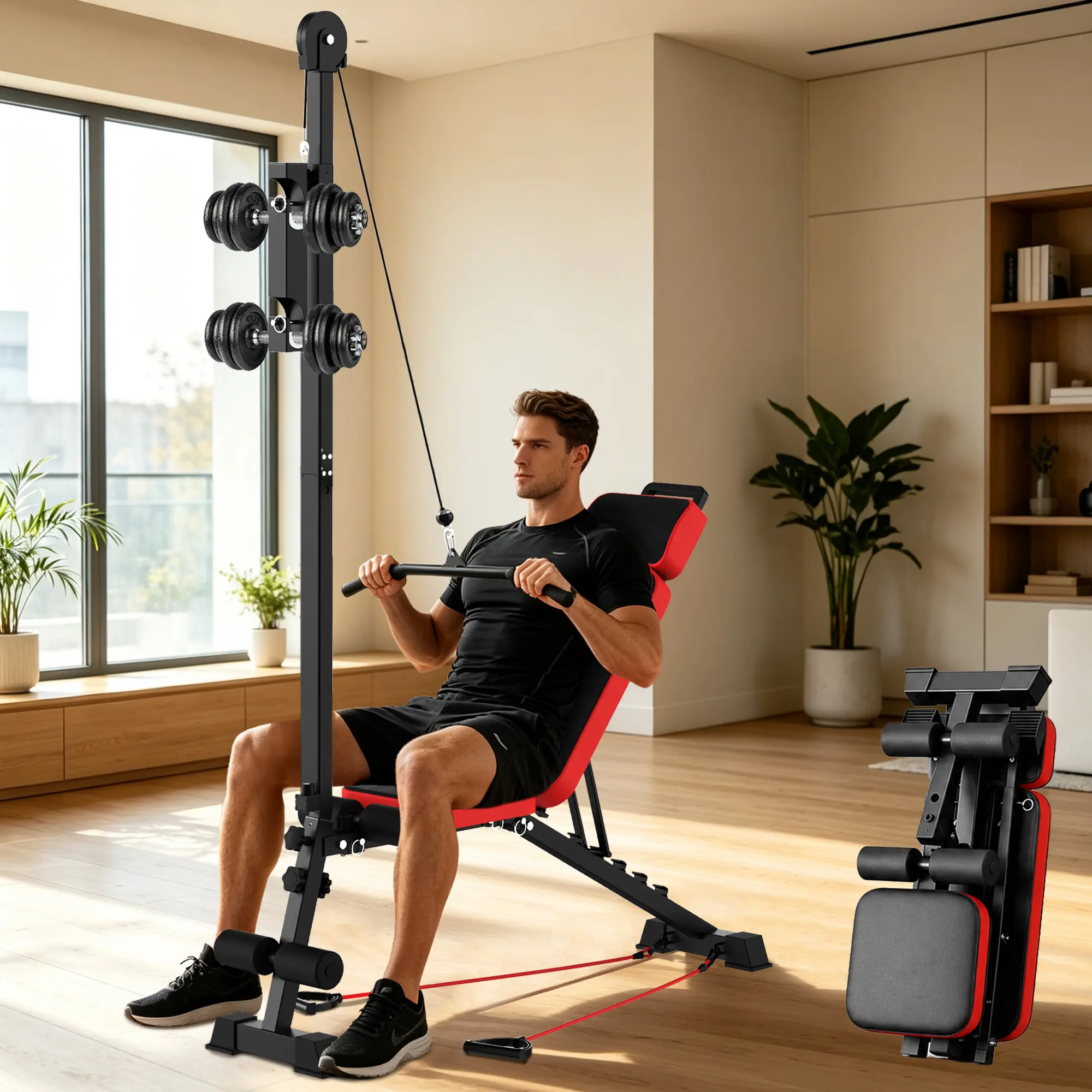 KINMAC Multi-Functional Weight Bench with Lat Pulldown System, Adjustable Foldable Workout Bench, 12in1 Home Gym Weight Lifting Bench Press, Incline Decline Flat Exercise Bench with Pulley Cable System, Leg Support for Full Body Training, 660 LBS Capacity