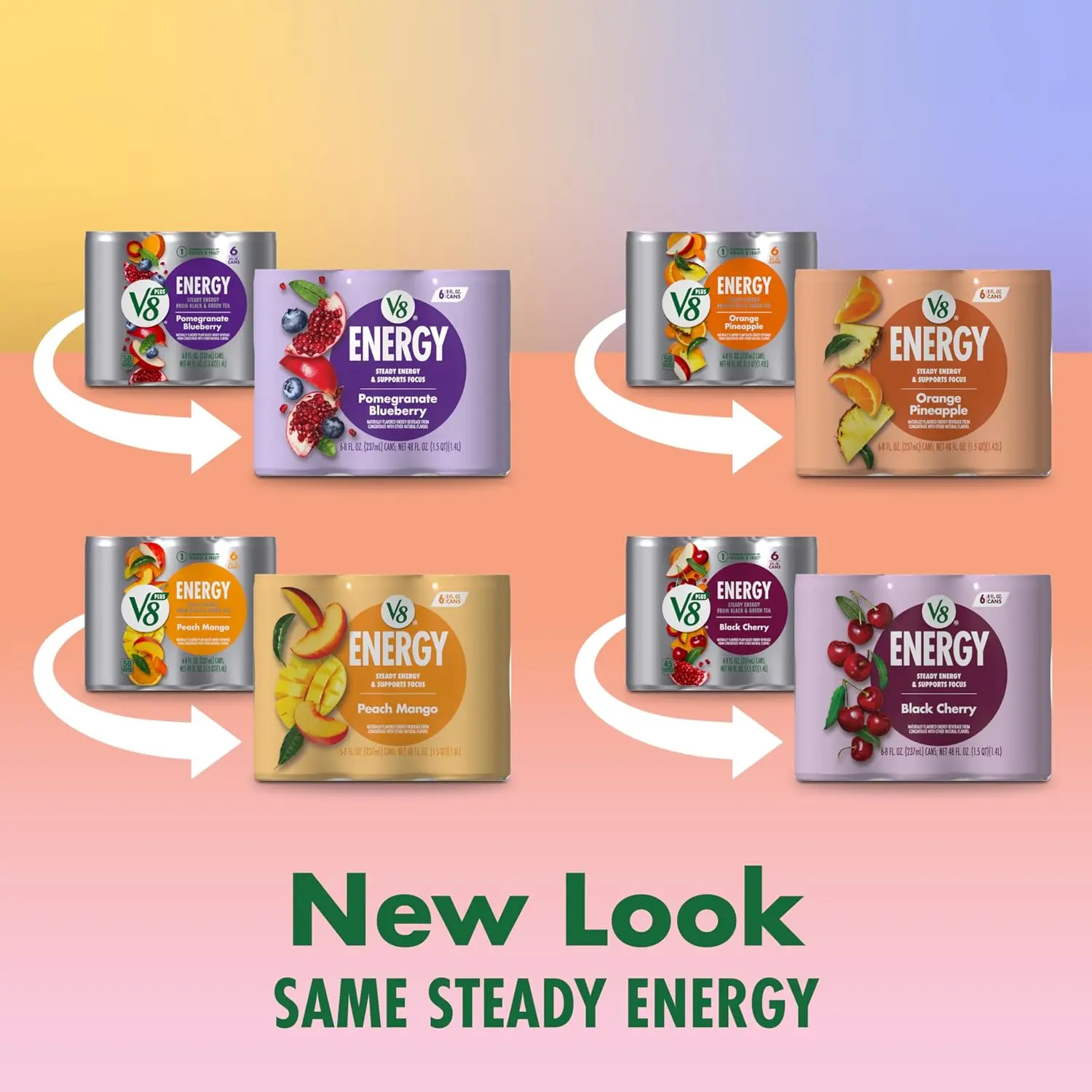V8 +Energy Peach Mango, Orange Pineapple, Black Cherry and Pomegranate Blueberry Juice Energy Drinks, 8 fl oz Can (6 Pack)
