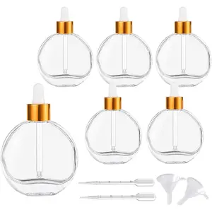 Clear Dropper Bottles 2 OZ 6 Pcs Transparent Round Flat Glass Bottles with Eye Dropper, for Perfume Serums Hair Oils and other liquids (Clear-Gold Lids, 2 OZ)