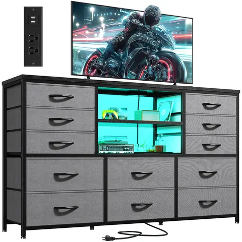 Raybee Modern LED TV Console Cabinet with Power Outlet - 12 Drawer Storage Dresser, Fits 60" TV, Stable Multi-Functional Living Room Charging Station with LED Mood Lighting, Assembly Required Indoor Furniture