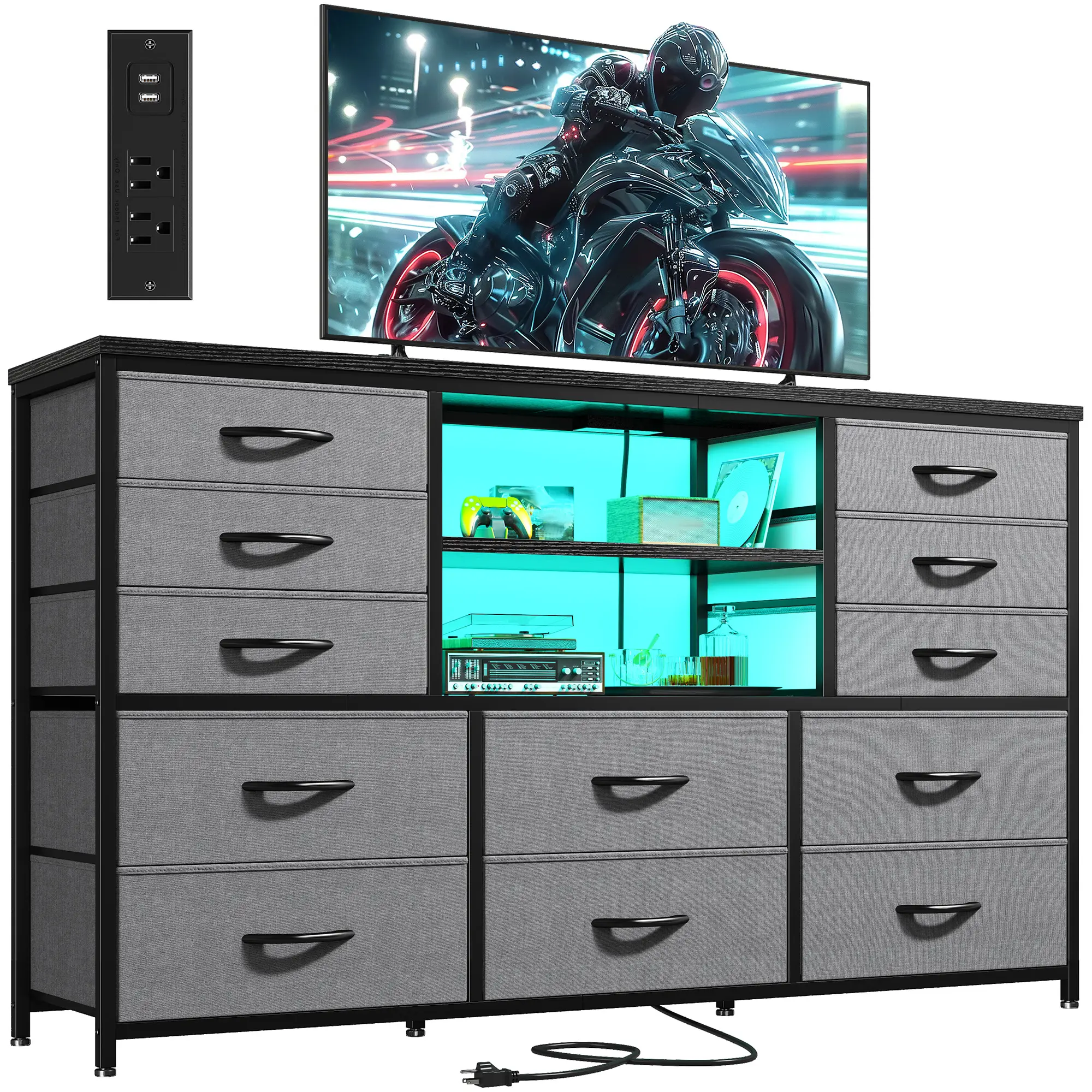 Raybee Furniture TV Stand for 60" TV Dresser with LED Lights & Power Outlet Entertainment Center with 12 Fabric Drawers for Bedroom, Living Room