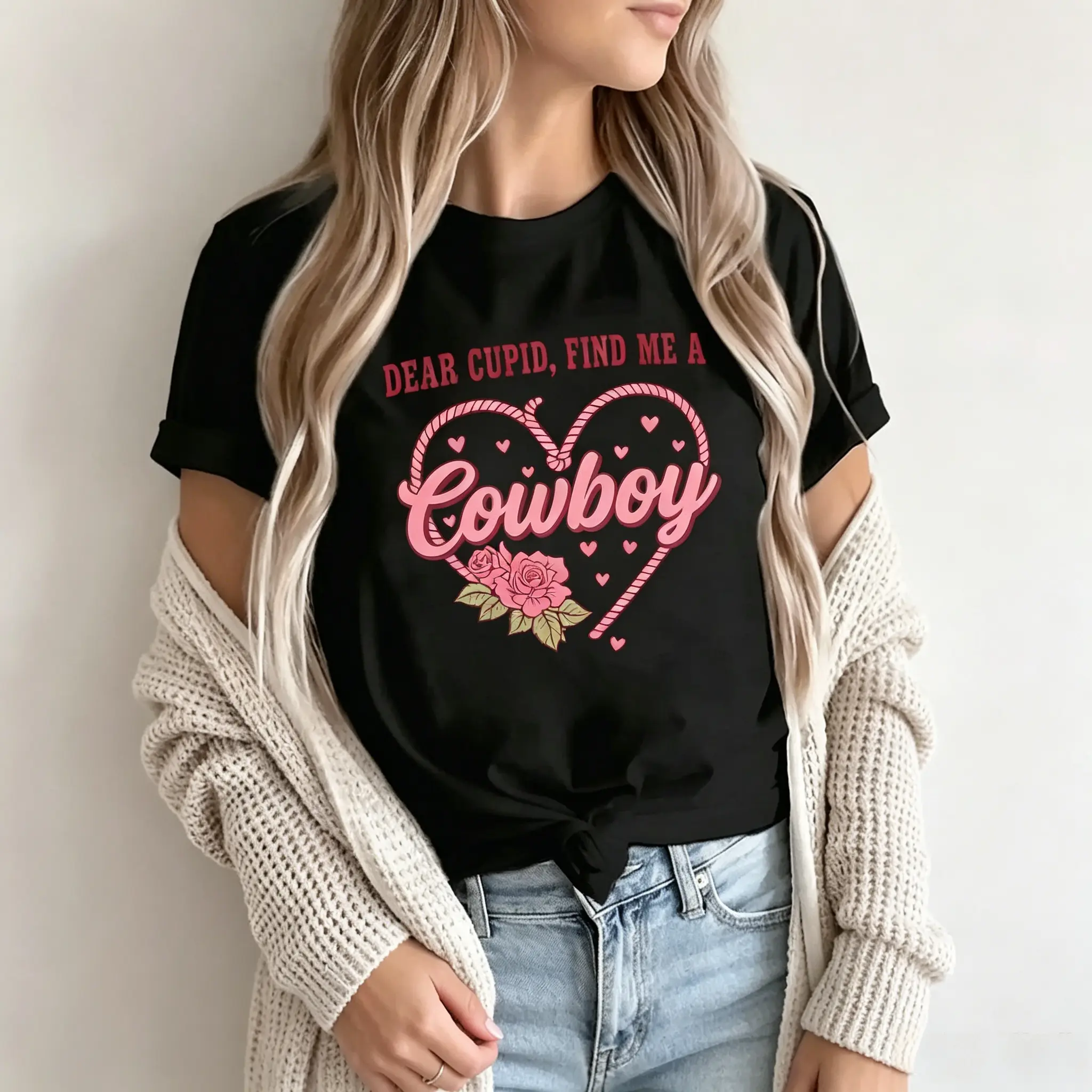 Summer Clothes Tops outfits Short Sleeve T-Shirt Dear Cupid, Find Me a Cowboy Heart Design for Valentine's Day, Casual Wear