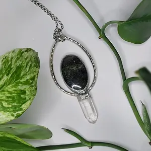 Castor (Handmade Soft-Soldered Black Sunstone and Clear Quartz Crystal Pendant)