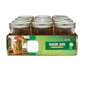 Clear Glass Mason Jars with Lids & Bands, Wide Mouth, 16 oz - Pack of 12 - Drinkware Containers Kitchen