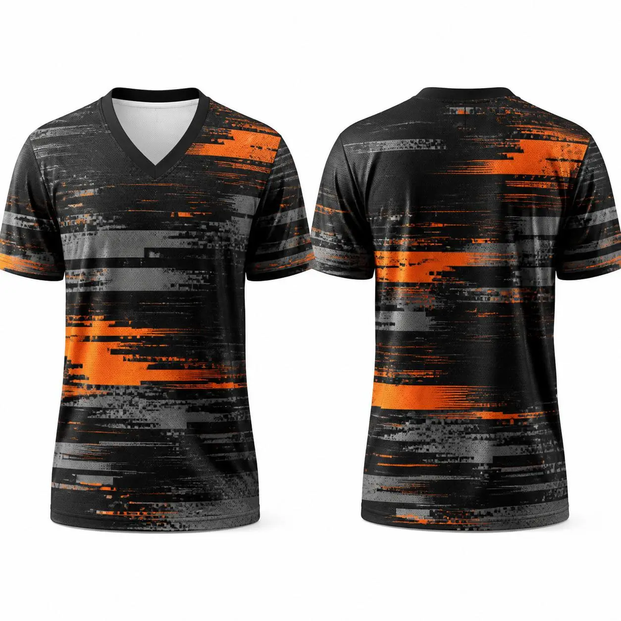 Black Orange Gray Y2K Glitch V Neck Mesh Shirt, Dark Colorblock All Over Print Short Sleeve Sports Top, Unisex Streetwear, for Men and Women