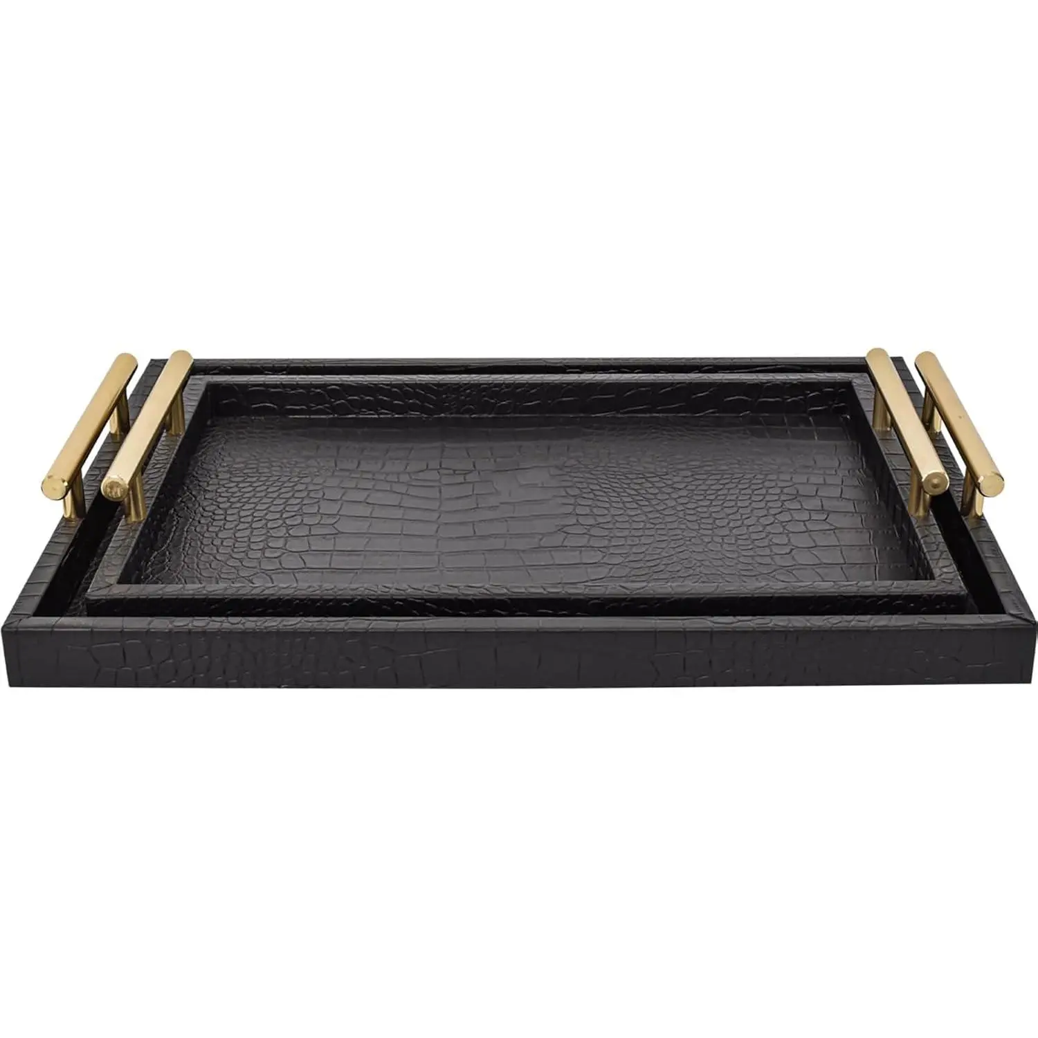 Set of 2 Modern Elegant Large  Serving Tray, Rectangle Decorative Tray Ottoman Tay Coffee Table Tray, Black Crocodile Leather with  Polished Metal Handles