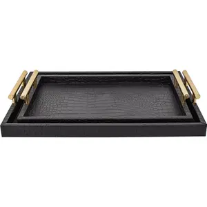Set of 2 Modern Elegant Large  Serving Tray, Rectangle Decorative Tray Ottoman Tay Coffee Table Tray, Black Crocodile Leather with  Polished Metal Handles