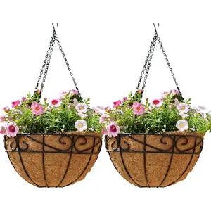Outdoor Metal Hanging Planters Basket (2pack, 12 inch) Hanging Baskets for Plants Chain Round Wire Plant Holder with Coco Fiber Liners for Garden, Patio, Deck, Porch(Flower Border) fruit vegetable supplies arch fabric clip vertical beds steel stake marker