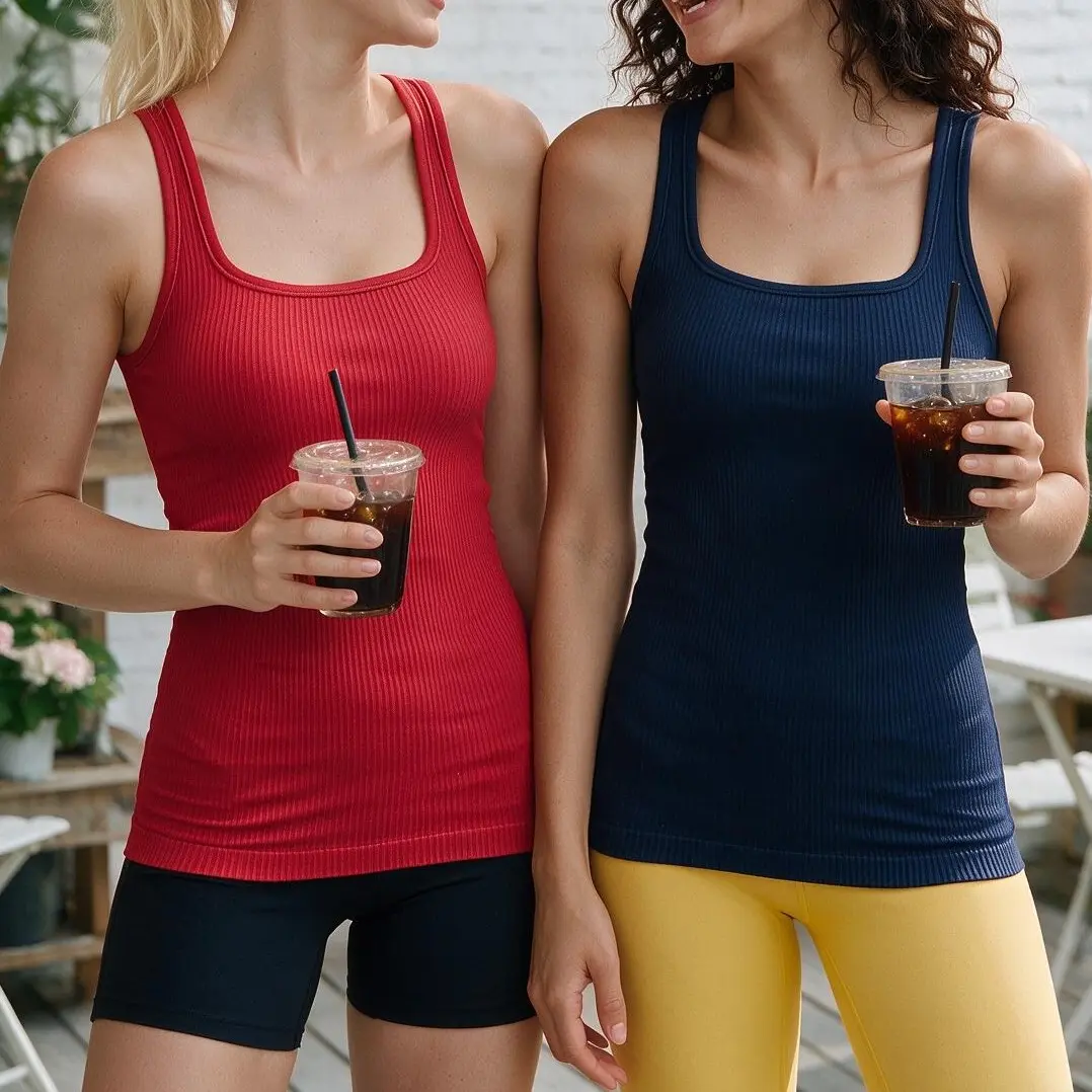 ATTRACO ribbed vest with built-in Removable bra, square neck female yoga athlete vest slim fit