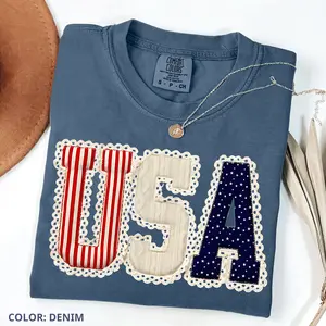 USA Patchwork Coquette Bow Comfort Colors T-Shirt, Vintage Patriotic Lace Letter Shirt, 4th of July American Flag Graphic Tee, Trendy Patriotic Summer Top
