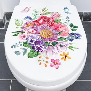 Bohemian Floral Rose Flowers PVC Toilet Seat Cover Sticker, Home Decor Bathroom Accessory, All-Season Freshening Decoration, Easy Apply & Remove