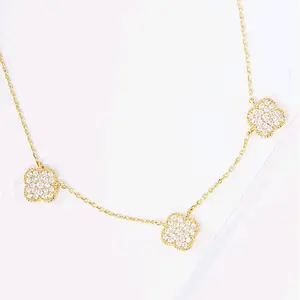 CZ Gold-Dipped Linked Clover Necklace - Elegant Floral Design Jewelry Accessory with Sparkling CZ Stones
