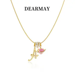 Dearmay Gold 3-Layering Initial A.Z Letter Pendant Necklaces for Women Snake Chain Choker Pink Heart Zircon Adjustable Length Necklace Jewelry Greenish Spring