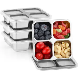 4 Pack Stainless Snack Containers with Lids 4 Compartment Containers for Adults & Kids Meal Prep Containers Reusablele (Gray, 4)