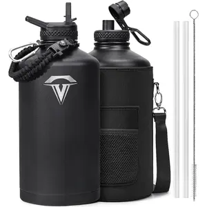 One Gallon Water Bottle,128oz Insulated Water Flask Stainless Steel Vacuum, Cold for 48 Hrs, & Leakproof -with Paracord Handle,Strap,Straw Spout Lids,Large Jug for Gym ,Black