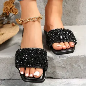 Women's Slippers Black Rhinestone Slide Sandals Square Toe Flat Slippers Indoor Outdoor Shoes for Party & Evening