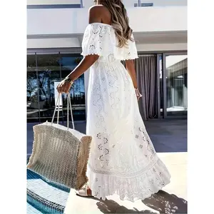 Spring/Summer Vacation Casual Solid Color Hollowed-out Embroidery Lace Lace Line Shoulder Ruffled Hem Long Dress