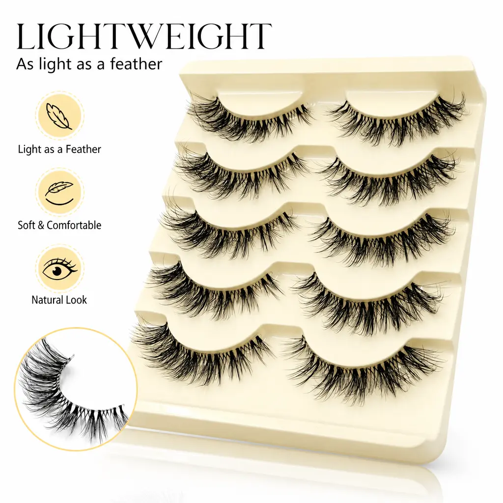 5-Pair Faux Mink 3D Fluffy Cat-Eye False Eyelashes - 9mm Lash Extensions, Naturally Curled, Eye-Tail Extended, Anime Manga Style, Daily Wear & Special Occasions Cosmetic Makeup Lash Accessories