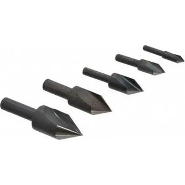 Cleveland Twist Drill 5-Piece High-Speed Steel Single End Countersink Set - 1 Flute, 1/4 to 3/4" Head Diam, 60° Included Angle, 1.5-2.63" OAL, 0.188-0.5" Shank Diam, for Countersinking, C00970, Five Pieces