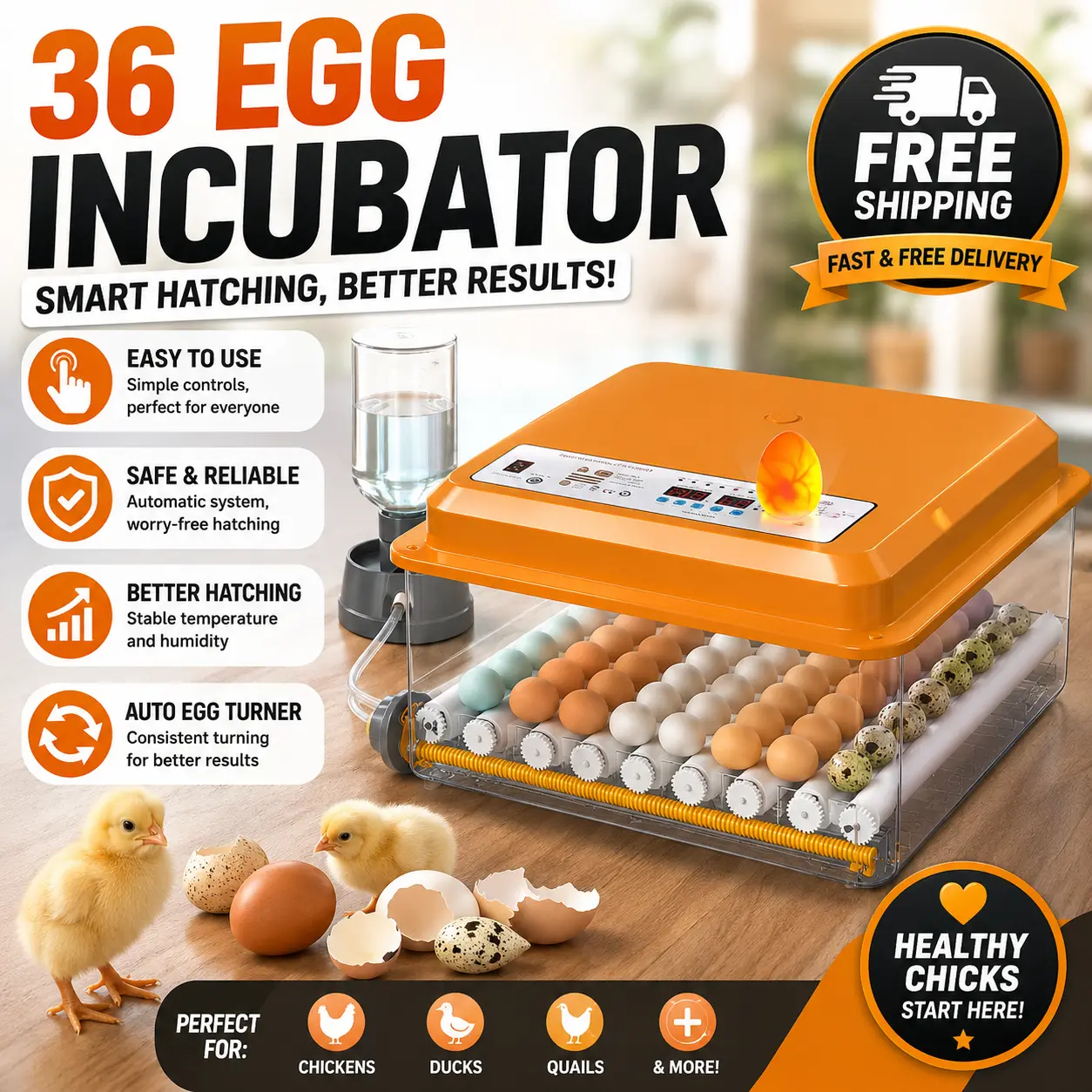 36-Egg Automatic Turning Incubator with Water Injection & Humidity Control, Breeders Efficient Poultry Egg Incubation Hatching Egg Hatchery Kit