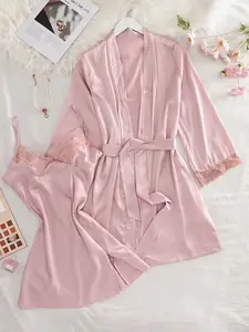 Women's Elegant Loungewear Set, Lace Patchwork Satin Tank Top Nightgown, Long Sleeve Lace Cuff Bow Waist Belt Home Ensemble, Valentine's Gift