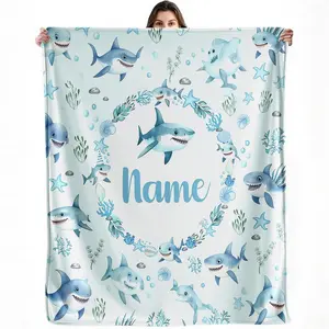 Personalized Name Shark Blanket Custom Ocean Theme Flannel Throw Gift