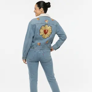 Danilis Red Heart Jacket with Unique Artistic Denim - Women's Fashionable Blue Jean Coat Featuring Gold Heart Embroidery