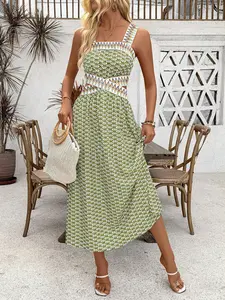 Holiday Casual Printed Geometric Patchwork Woven Belt Hollow Out Sleeveless Fitted Dress Maxi Women Outfit