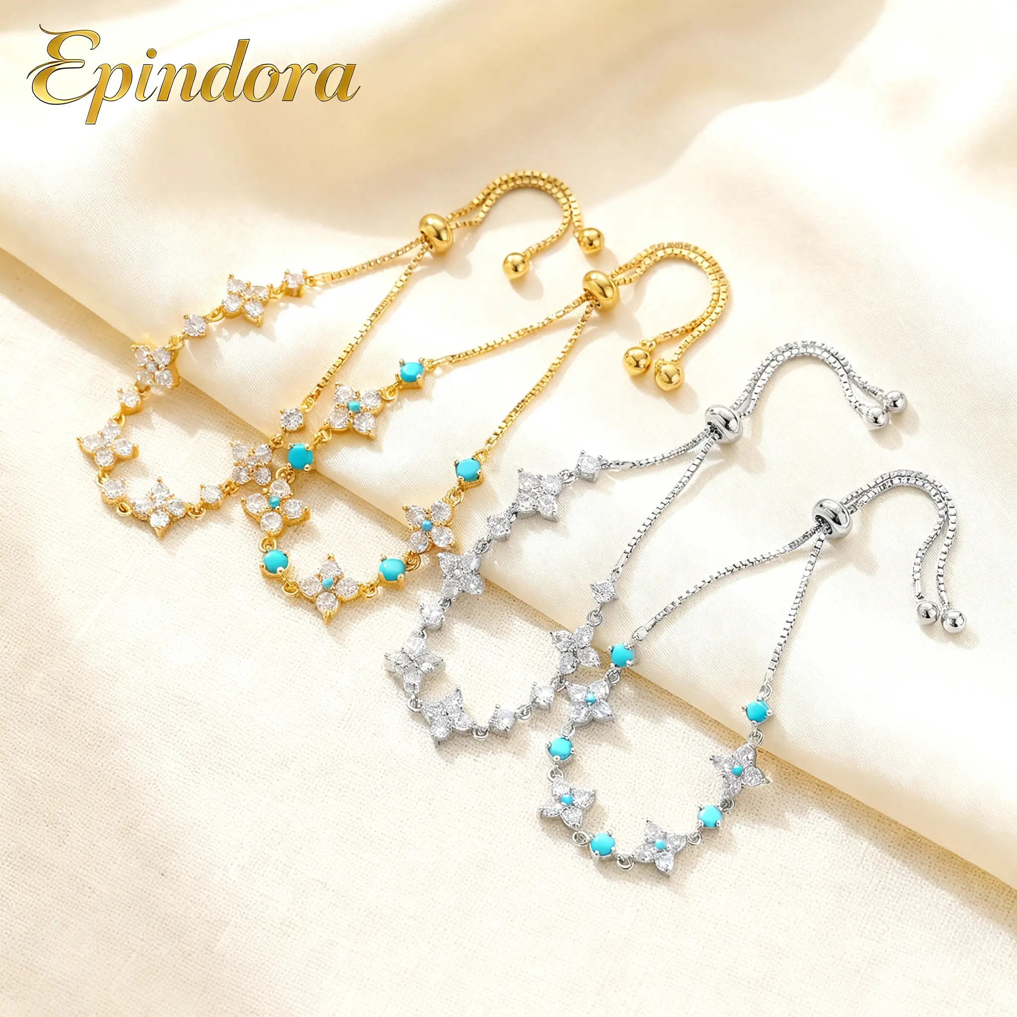 Epindora gold-tone CZ iris flower pull chain bracelet