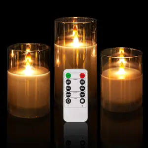 Glass Battery Operated Flameless LED Candles with 10-Key Remote and Timer Real Wax Candles Warm Light for Home Decoratoin (Set of 3)