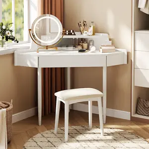 LIVITOPIA Modern Corner Makeup Vanity Desk with Large Storage,LED Mirror & Stool,Brightness Adjustable,Space-Saving for Small Places(White)