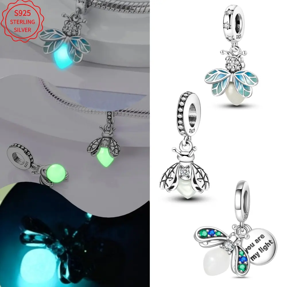 Genuine S925 Sterling Silver Summer Night Firefly Charm & Pendant - Fits 3mm Original Bracelets, Necklaces - Ideal for Women's DIY Craft Projects, Birthday & Holiday Gifts, Charms & Pendants, Butterfly Necklace, Blue Pendant Necklace