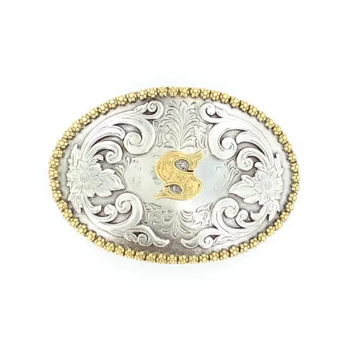 Nocona Belt Co Unisex Stylish Textured Belt - Embossed Floral Engraved Buckle, Gold "S" Accent, Silver Etching, Oval Shape, Hook Closure, Men's Fashion Accessory, Embossed Belt Buckle, Stylish Belts