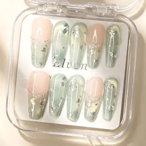 Light Green With Floral And Pearls Handmade PressOn Nails Long Coffin
