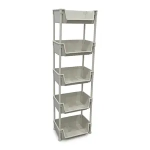 Multifunctional 5-Tier Rolling Storage Cart, Plastic Shelf Organizer with Wheels & Adjustable Dividers, Beige, for Bathroom Kitchen Bedroom Living Room