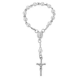 OIDEA Car Rosary Rearview Mirror Hanging, Resin Bead Cross Catholic Religious Auto Decor, Protection Accessory Gift