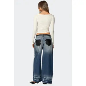 Faux Leather Pocket Low Rise Baggy Jeans