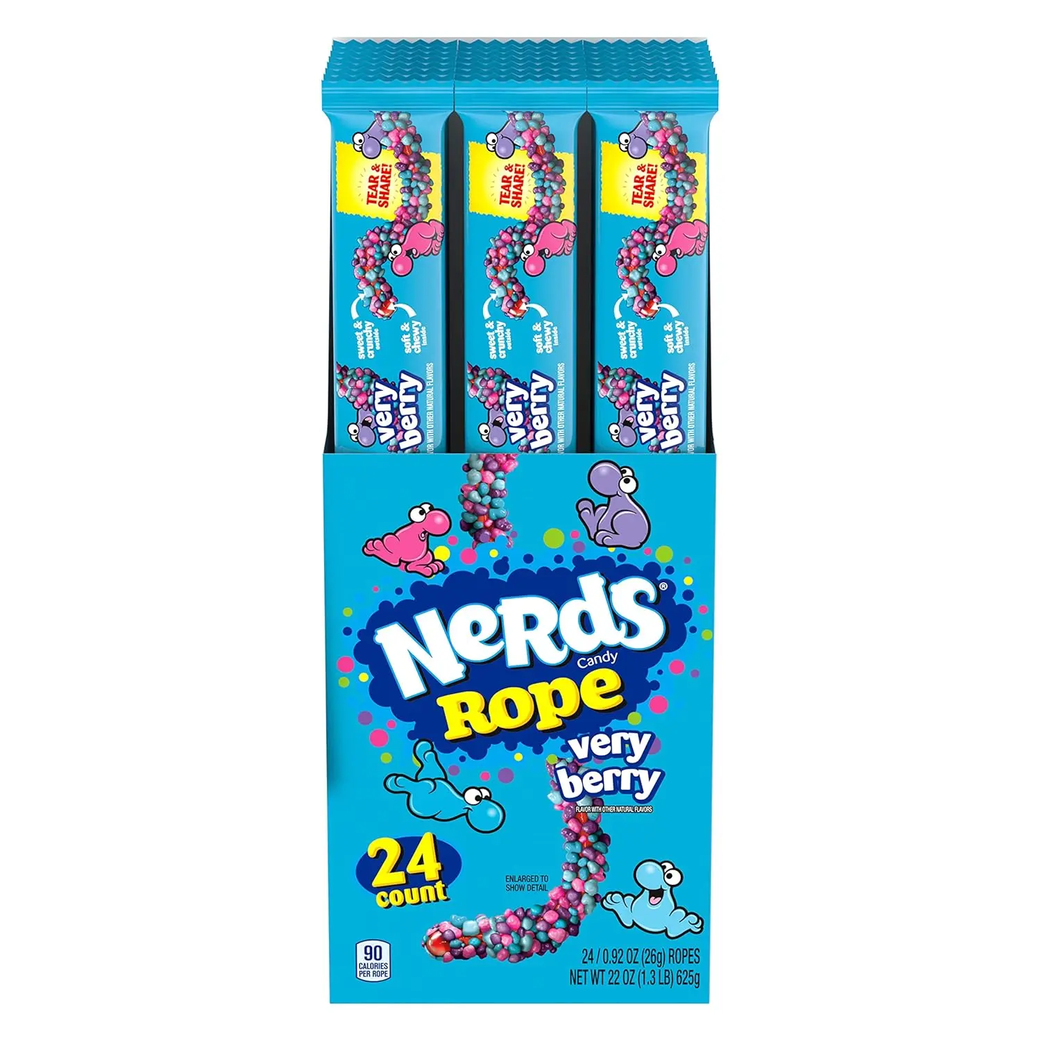 Nerds Rope Very Berry 24 ct. - A Chewy, Sweet Berry-Flavored Gummy Rope Coated in Crunchy Very Berry Nerds — Includes a Mix of Blueberry, Raspberry, Strawberry, Wild Berry, and Grape - 24 Count Pack Candy Bonbon