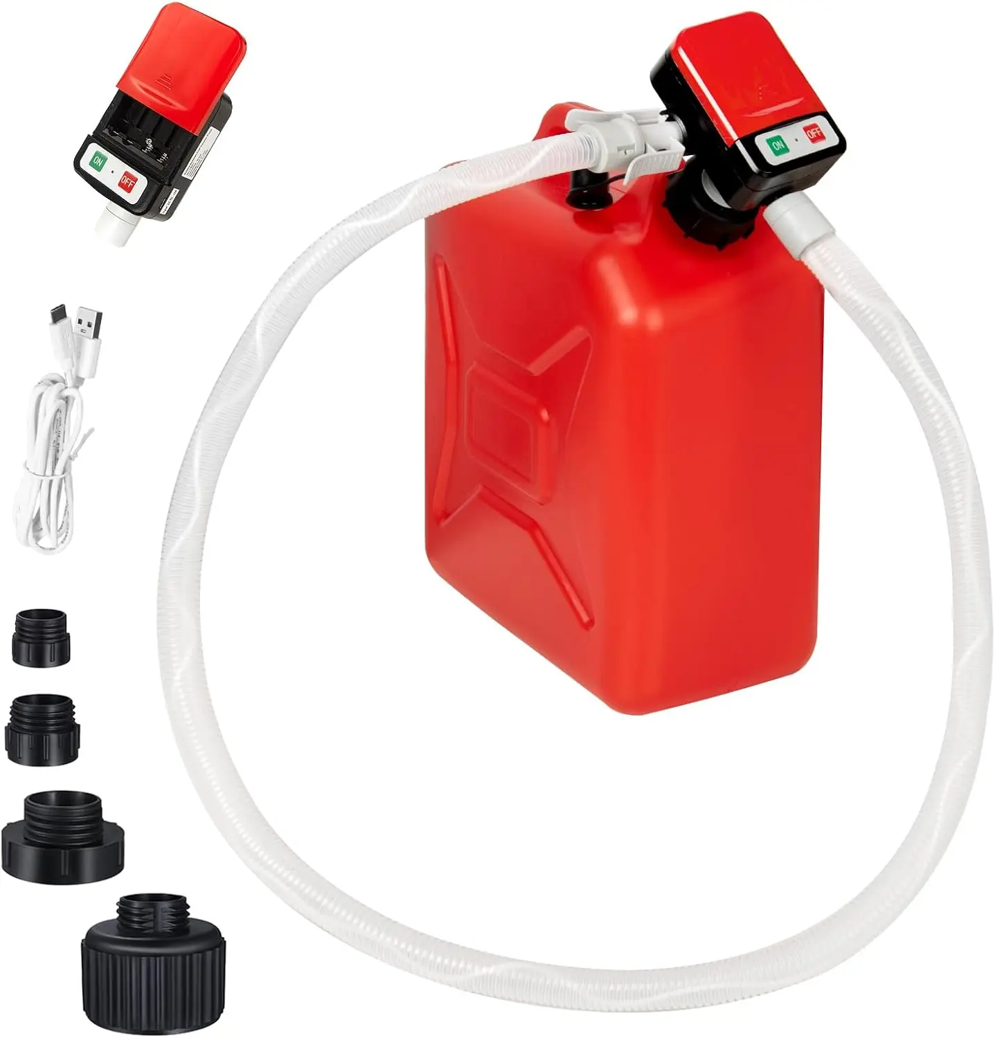 Portable Automatic Fuel Transfer Pump with Auto-Stop, 51in Extra-Long Hose, 3.2 GPM Flow Rate, Battery/USB Powered, 3 Can Adapters for Oil, Diesel, Gasoline