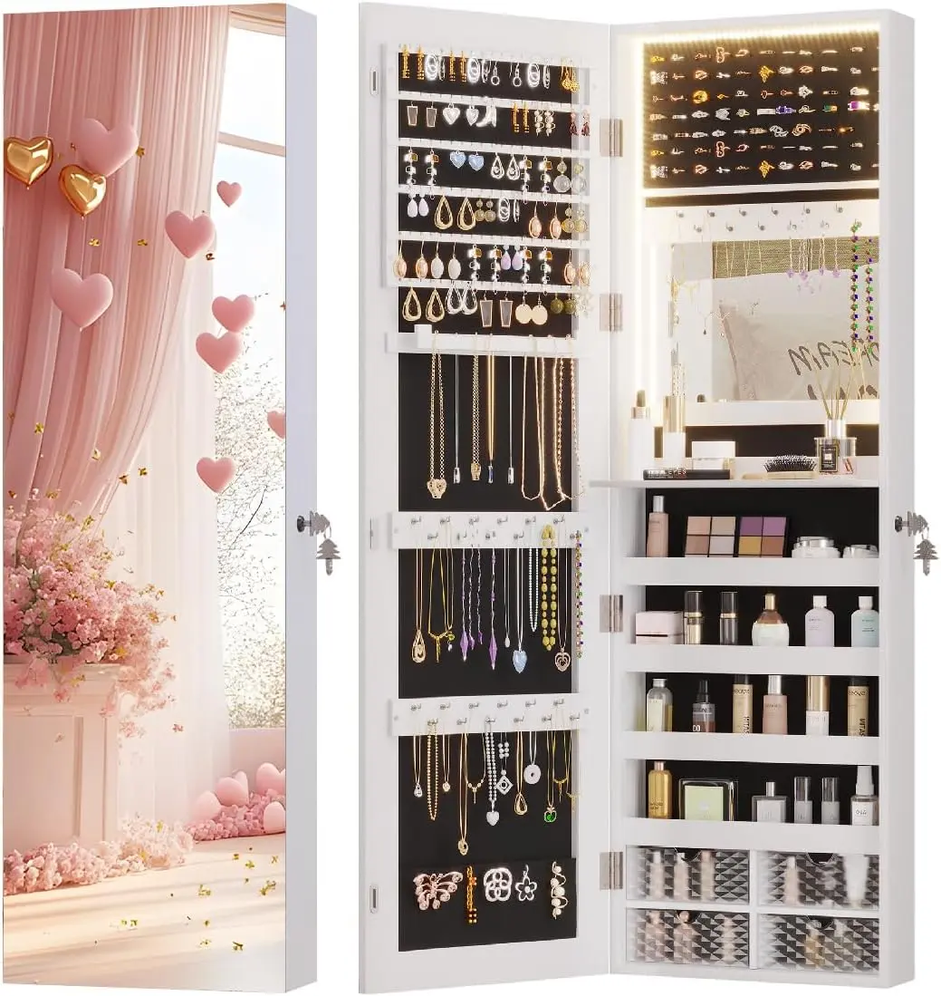 Vlsrka 47.2" LED Jewelry Cabinet, Wall Mounted Jewelry Mirror Organizer | Over the Door Hanging Jewelry Armoire Organizer, large Lockable Full Length Mirror with Jewelry Storage for Women
