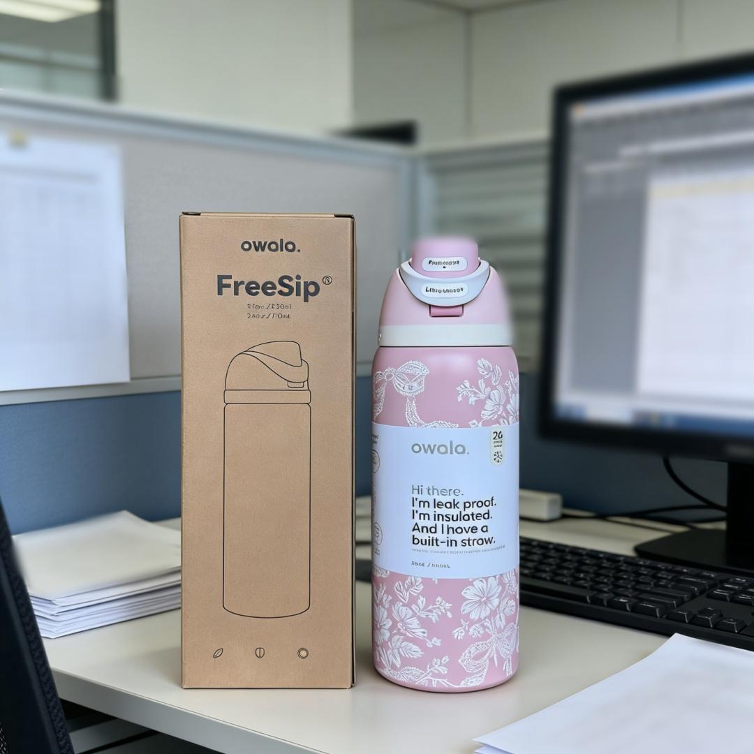 Owala FreeSip 32oz Pink White Lace Bow Insulated Bottle - Soft Sweet Style, Portable & Leak-Proof for Student & Commute Use