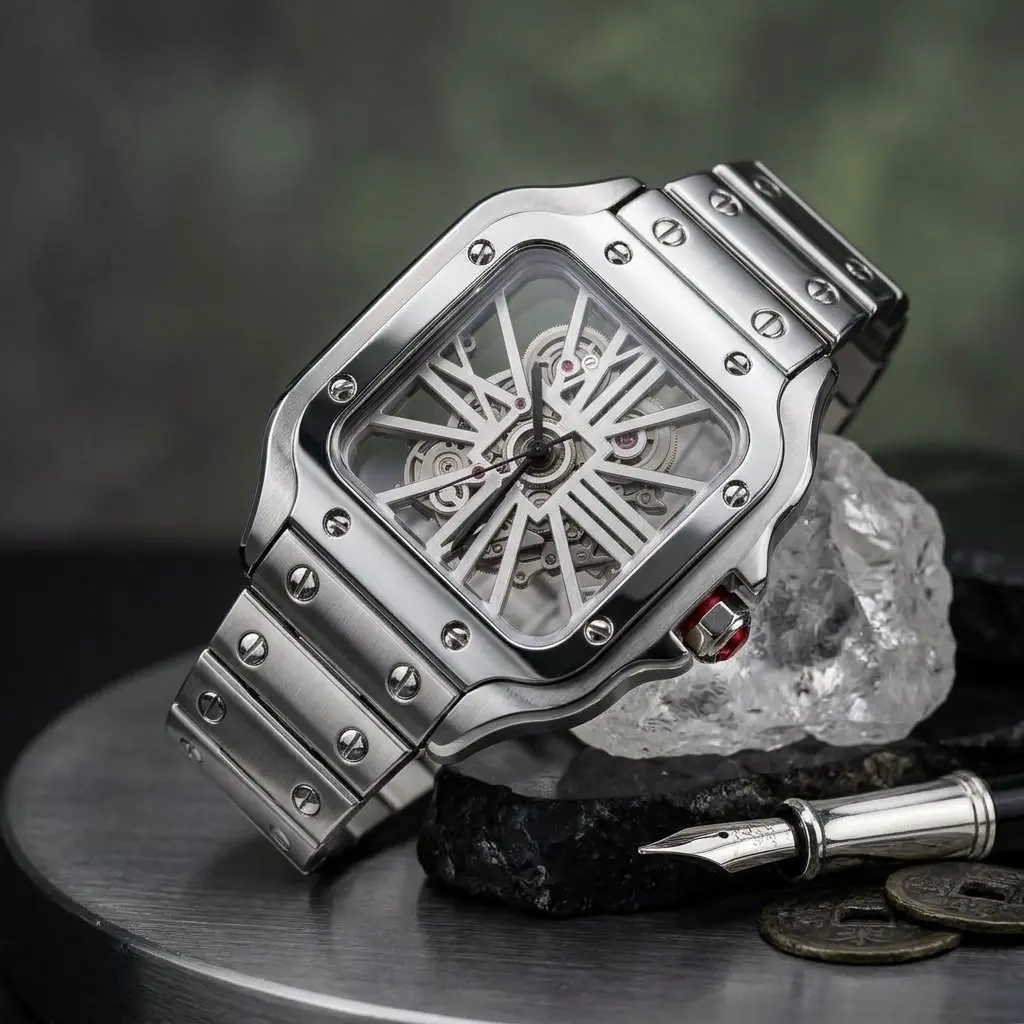 MaxBling81 Men's 40mm Luxury Statement Wrist Watch - Casual Quartz Analog Skeleton Dial Square Design, Water-Resistant Stainless Steel Back, Metal Band with Removable Links, Gold/Silver Finish, Unique Gift, Luxury Statement Wrist Watches