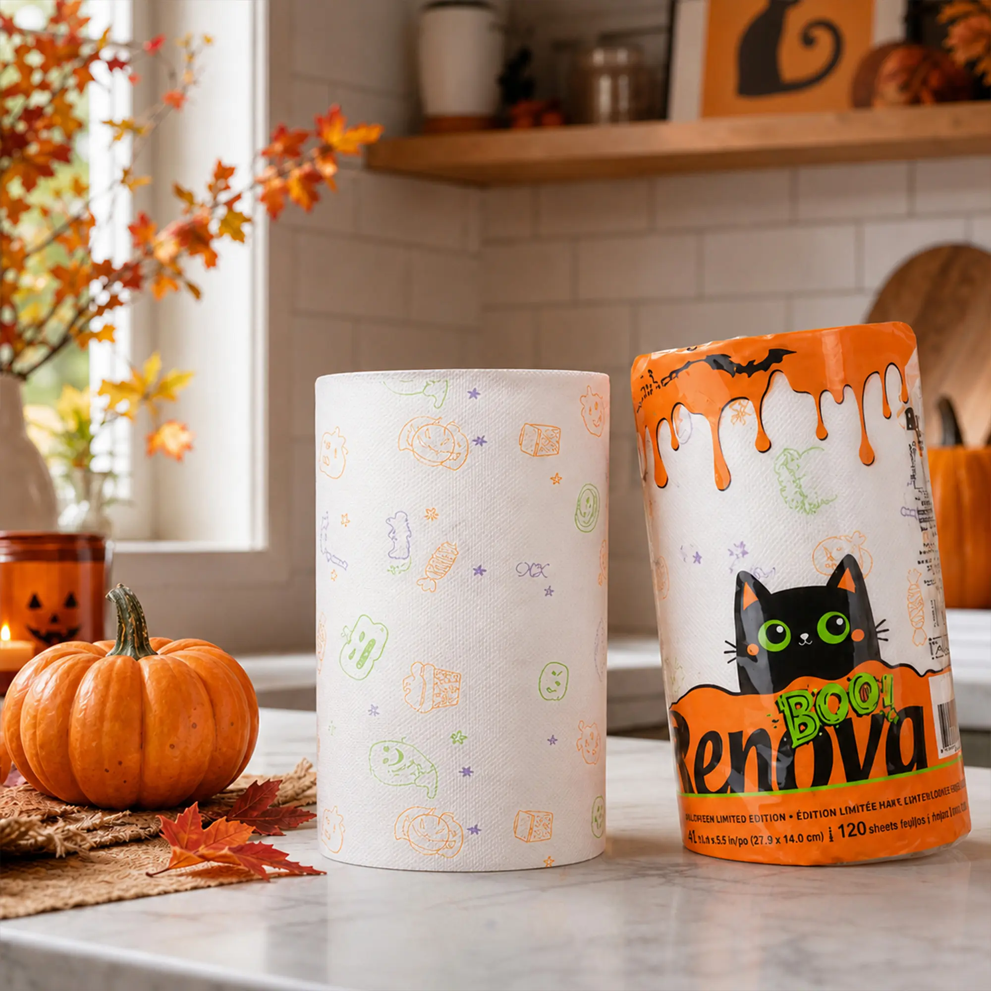 Renova Halloween Eco-Friendly Unscented Kitchen Paper Towel, 1 Jumbo Roll, 2-Ply, 120 Sheets, Exclusive Decorative Patterns, FSC Certified Kitchen Wipe