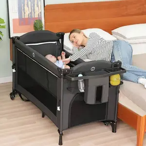 5-in-1 Portable Newborn Baby Bassinet Beside Sleeper, Pack-and-Play with Crib, Diaper Changer, Soft Toys and Waterproof Sheet (Black)