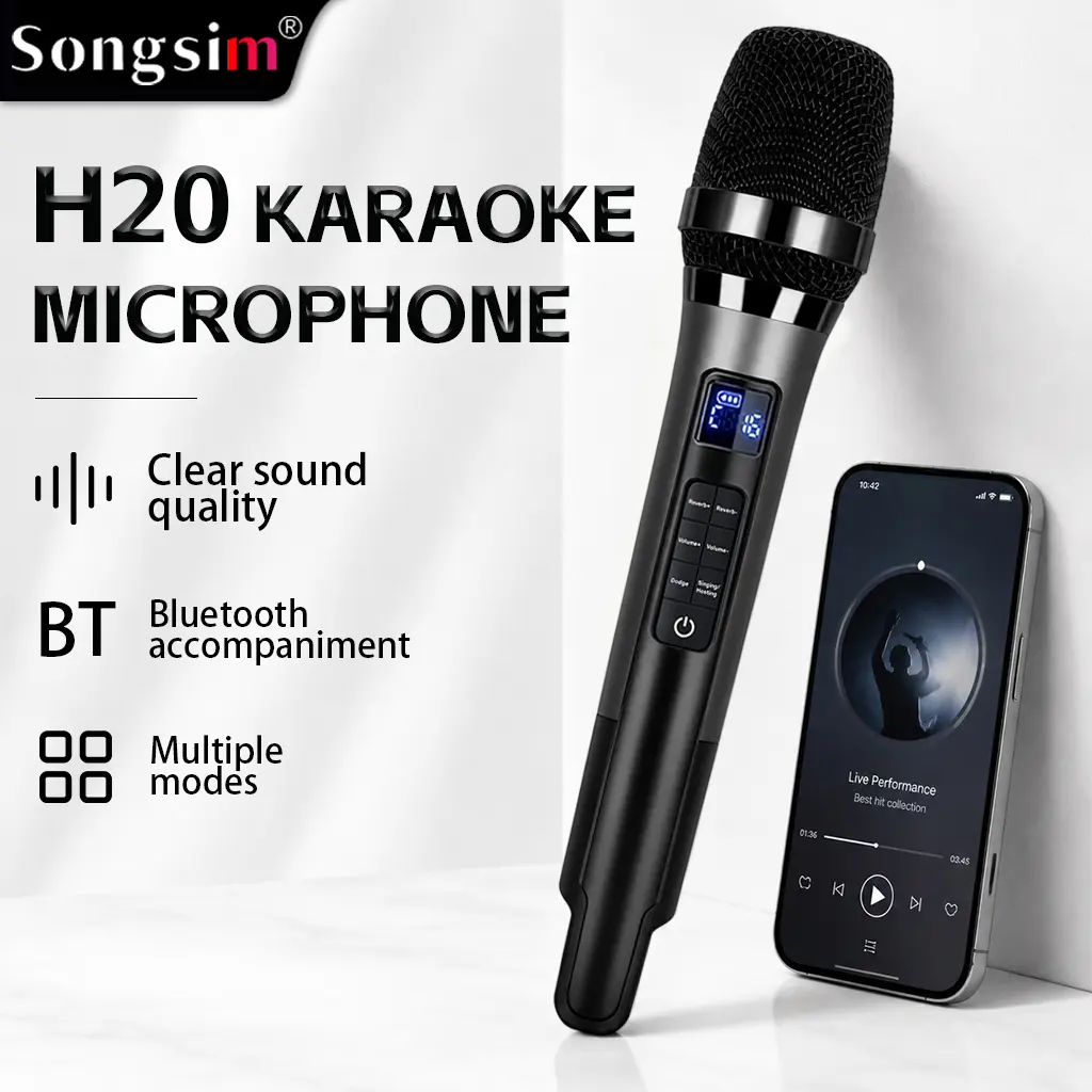 Songsim-H20 Pro All-in-1 Podcast Microphone with Built-in Sound Card & Audio Features - Bluetooth Accompaniment, Smart Noise Reduction, Real-Time Monitoring, Adjustable Reverb for Live Streaming, Karaoke