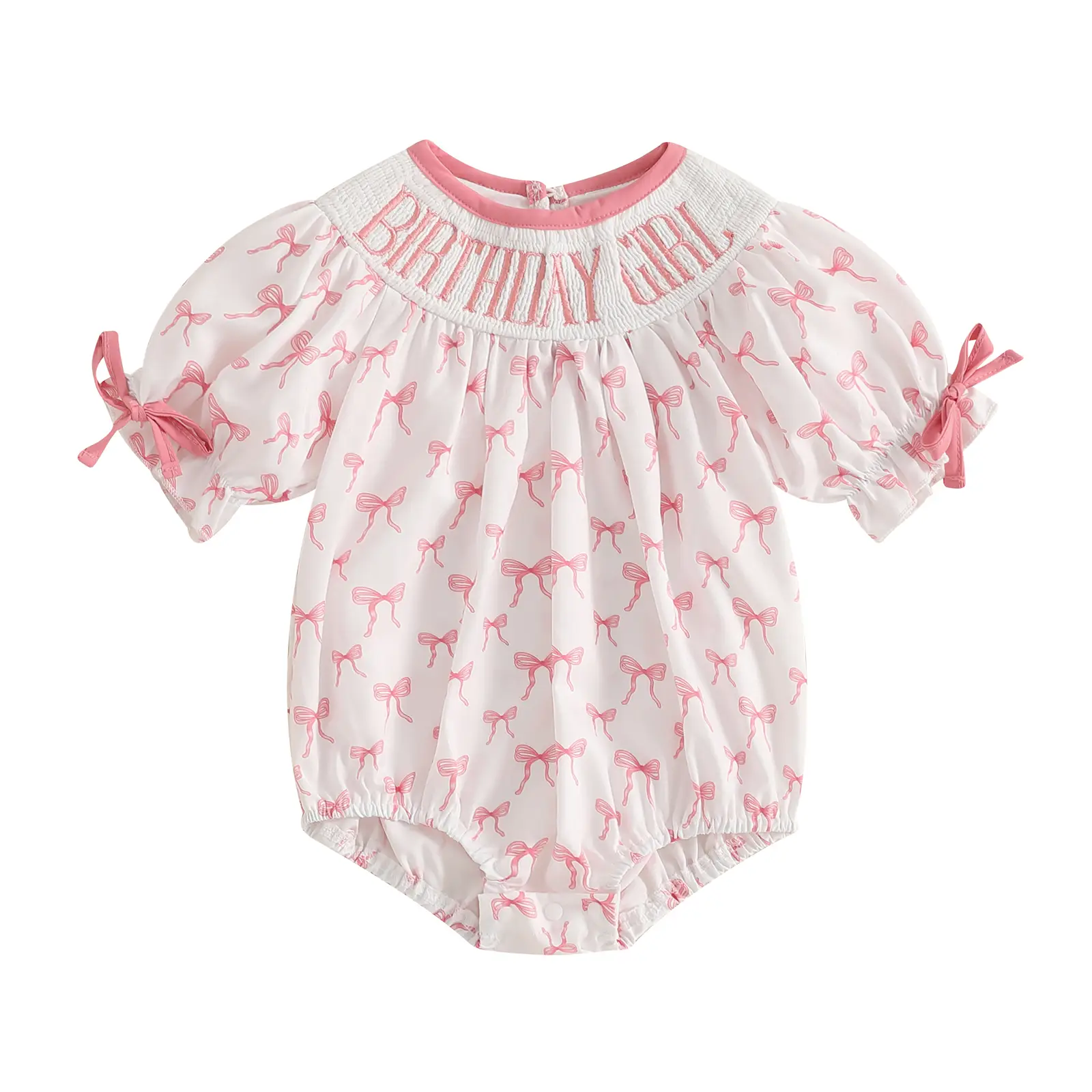 Toddler Baby Girl Birthday Outfit Smocked Birthday Girl Embroidery Romper Bow Print Short Sleeve Oneise Bodysuit Summer Outfit