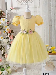 Girls' Summer Dress with Lace Waist Mesh Bubble Sleeves Round Neck Jacquard Party Wedding Occasion, Fashion Clothing