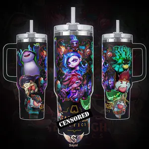 TFT Little Legends Poro LOL 40 oz Tumbler Characters Vibrant Art Graphic Design Vacuum Insulated Travel Mug with Handle 18/8 Steel Keeps Drinks Cold 12H+ Hot 6H LeagueO Legends Game Merch Esports Fans Gaming Community