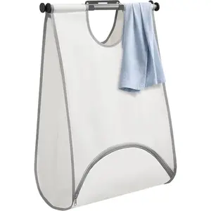 Wall Mount Laundry Hamper, 90L Hanging Laundry Bag with Bottom Zipper Opening, Space Saver Dirty Clothes Hamper with Wall Anchor, Storage Bag for College, Dorm, RV, White