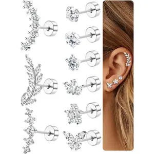 Milacolato 9Pcs Dainty Fashion Surgical Steel Helix Earrings Set, Hypoallergenic Flat Back Stud Earrings Jewelry, Trendy Flat Pierced Female Jewelry for Helix, Tragus, Cartilage, Conch Daith Piercings